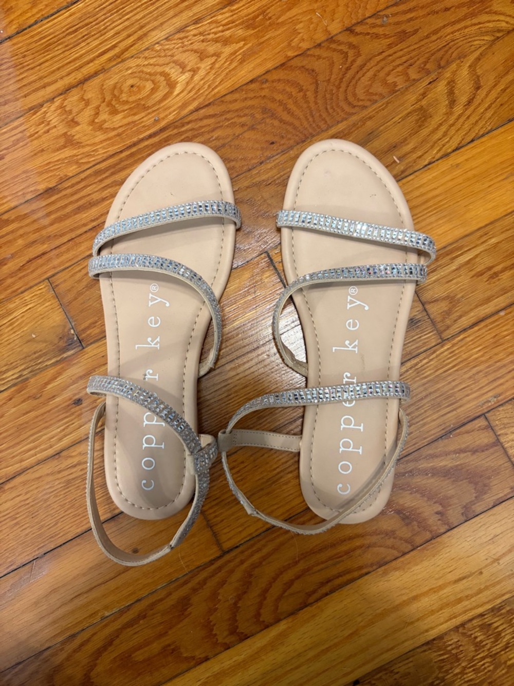 Copper Key Beige Sandals with Sparkling Rhinestone Straps